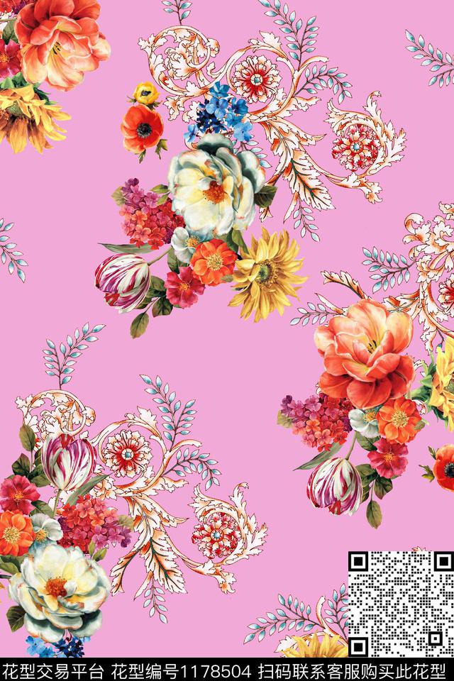 卷草花卉油画华亿平台数码印花华亿平台下载（图片编号: 1178504） - 瓦栏（Walan）