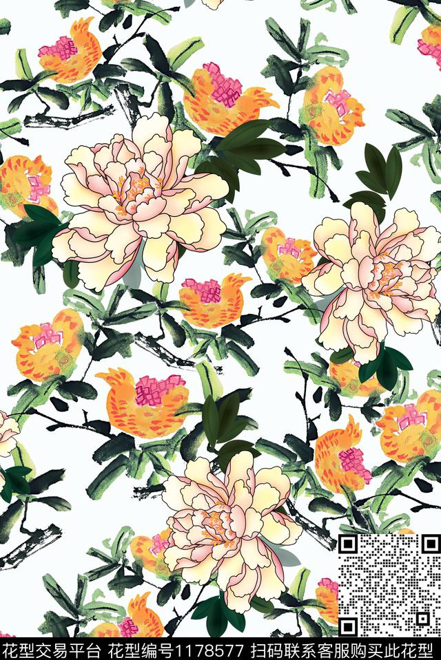 春夏华亿平台花卉大牌风数码印花华亿平台下载（图片编号: 1178577） - 瓦栏（Walan）