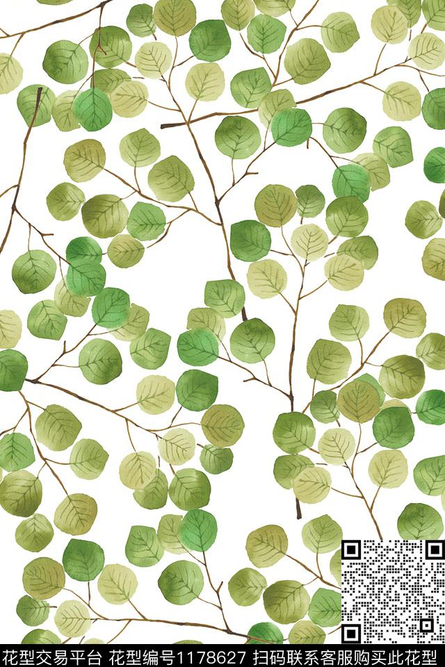 水彩绿植树叶清爽底花卉数码印花华亿平台下载（图片编号: 1178627） - 瓦栏（Walan）