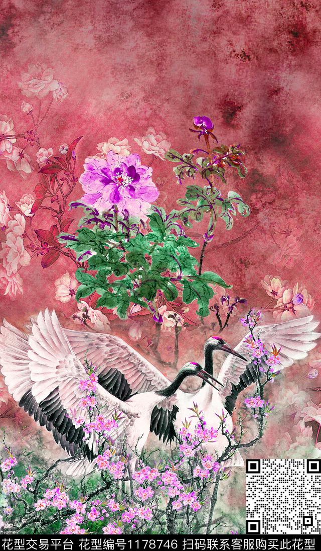 仙鹤花卉中国风数码印花华亿平台下载（图片编号: 1178746） - 瓦栏（Walan）