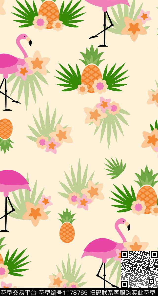 火烈鸟菠萝数码印花华亿平台下载（图片编号: 1178765） - 瓦栏（Walan）