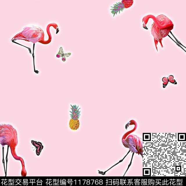 火烈鸟蝴蝶菠萝数码印花华亿平台下载（图片编号: 1178768） - 瓦栏（Walan）
