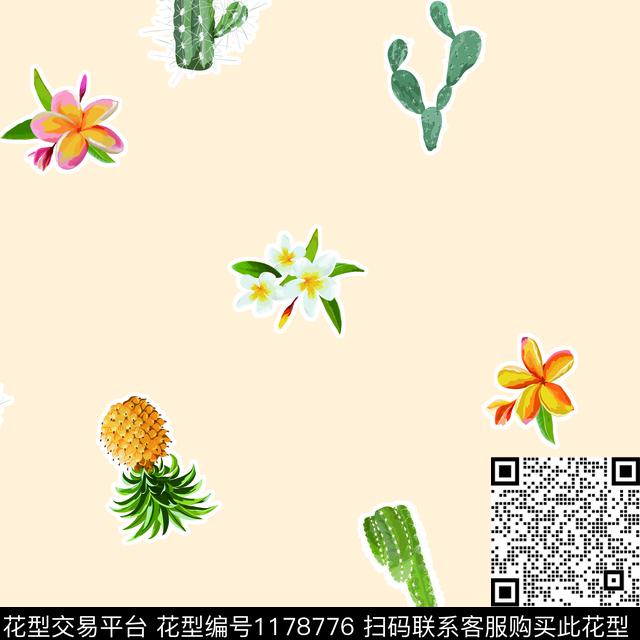 清爽底花卉菠萝仙人掌数码印花华亿平台下载（图片编号: 1178776） - 瓦栏（Walan）