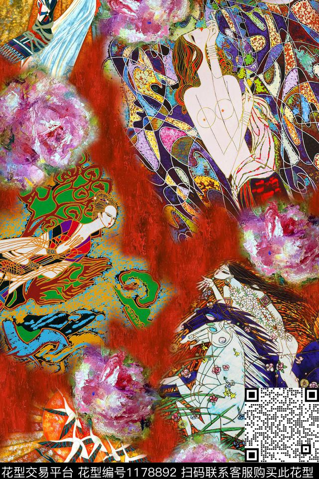 抽象花卉民族风数码印花华亿平台下载（图片编号: 1178892） - 瓦栏（Walan）