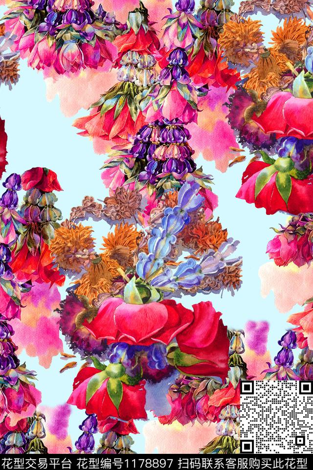 抽象水彩花卉数码印花华亿平台下载（图片编号: 1178897） - 瓦栏（Walan）