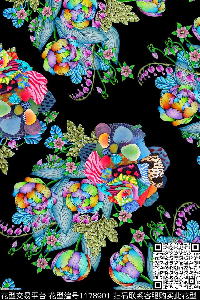 抽象花卉炫彩数码印花华亿平台下载（图片编号: 1178901） - 瓦栏（Walan）