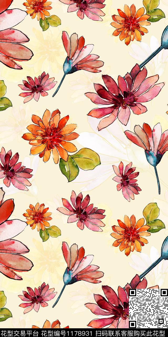 数码华亿平台清爽底花卉少女数码印花华亿平台下载（图片编号: 1178931） - 瓦栏（Walan）