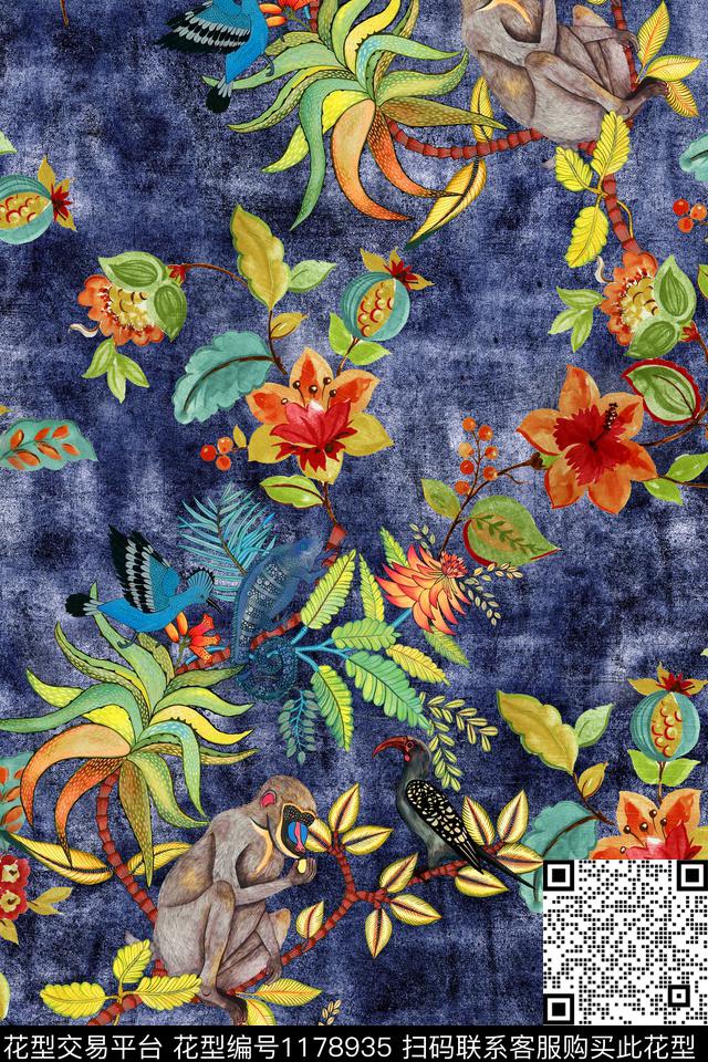 猴子花卉民族风数码印花华亿平台下载（图片编号: 1178935） - 瓦栏（Walan）