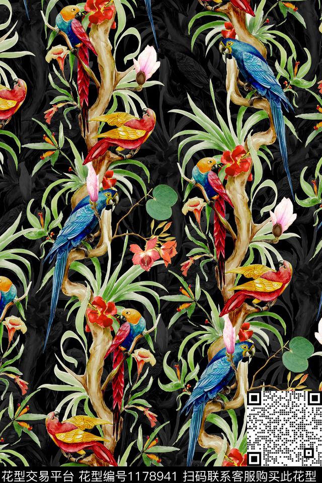 鹦鹉花卉棕榈树数码印花华亿平台下载（图片编号: 1178941） - 瓦栏（Walan）