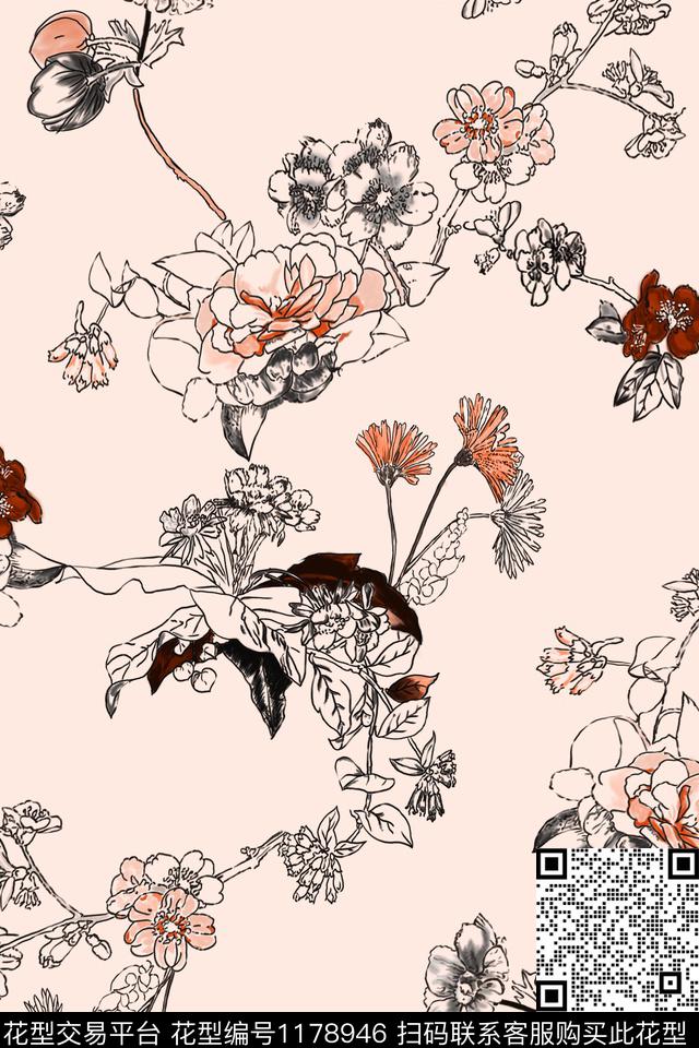 花卉线条清爽底花卉数码印花华亿平台下载（图片编号: 1178946） - 瓦栏（Walan）