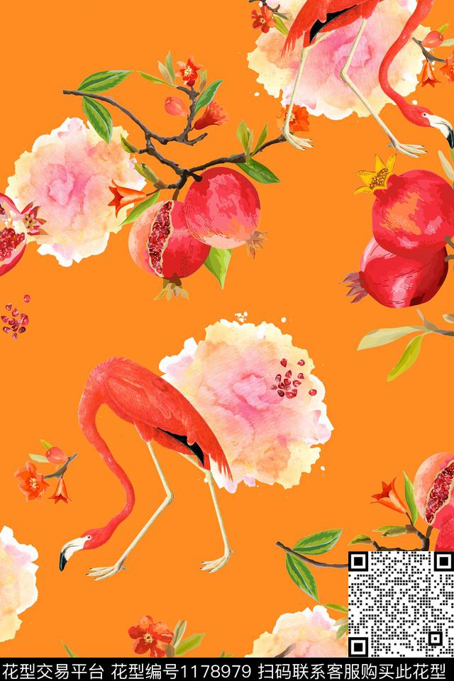 火烈鸟水彩花卉石榴数码印花华亿平台下载（图片编号: 1178979） - 瓦栏（Walan）