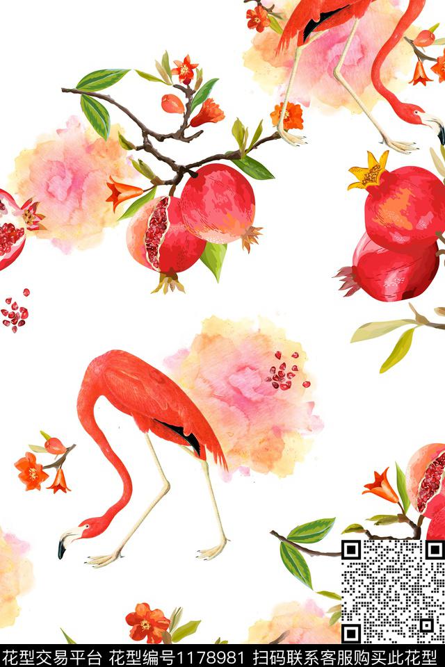 火烈鸟水彩花卉石榴数码印花华亿平台下载（图片编号: 1178981） - 瓦栏（Walan）