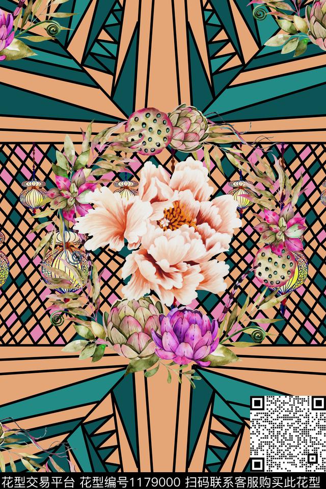 几何花卉大牌风数码印花华亿平台下载（图片编号: 1179000） - 瓦栏（Walan）