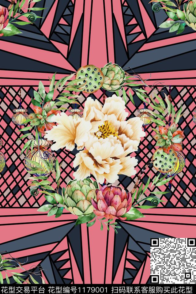 几何花卉大牌风数码印花华亿平台下载（图片编号: 1179001） - 瓦栏（Walan）