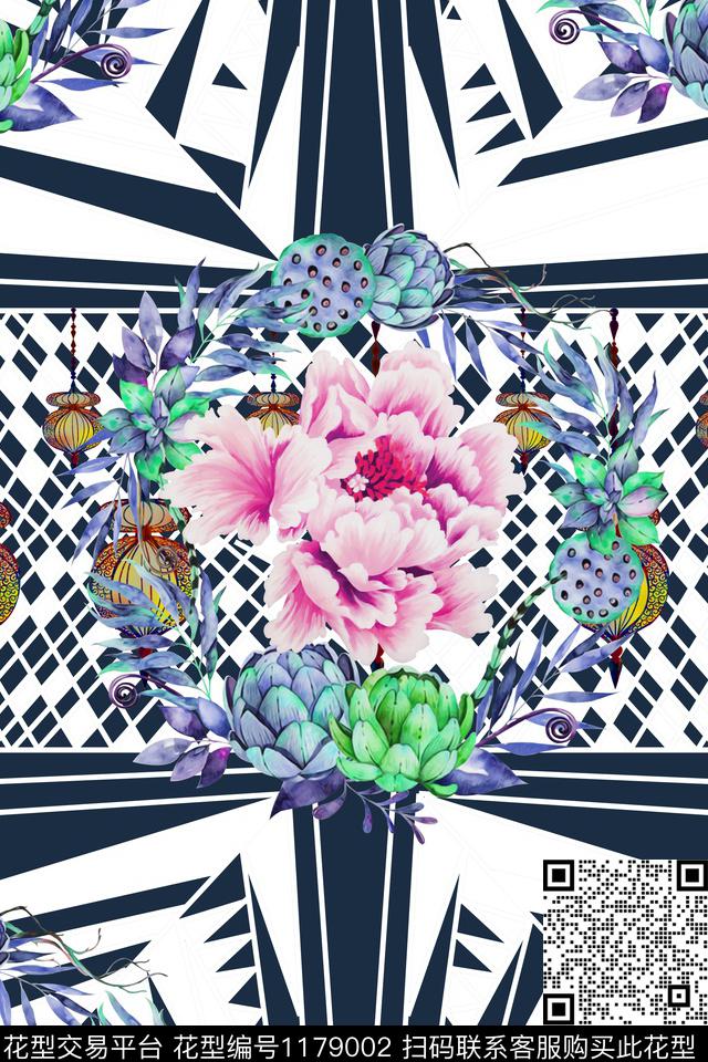 几何花卉大牌风数码印花华亿平台下载（图片编号: 1179002） - 瓦栏（Walan）
