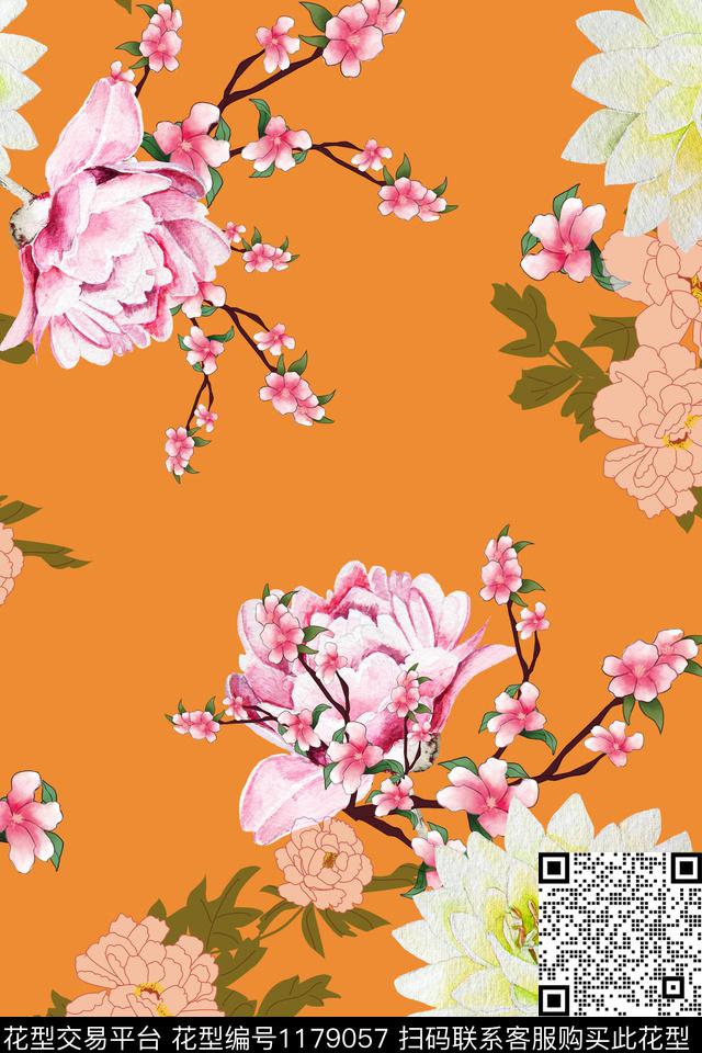 桃花大牌风玉兰花数码印花华亿平台下载（图片编号: 1179057） - 瓦栏（Walan）