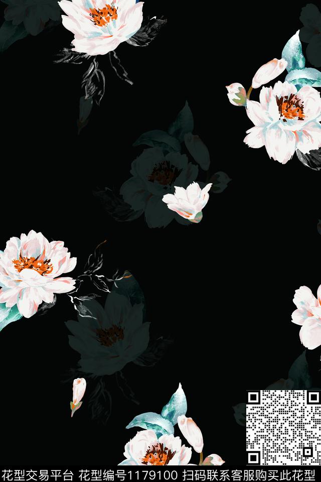 手绘花卉黑底花卉清爽底花卉数码印花华亿平台下载（图片编号: 1179100） - 瓦栏（Walan）
