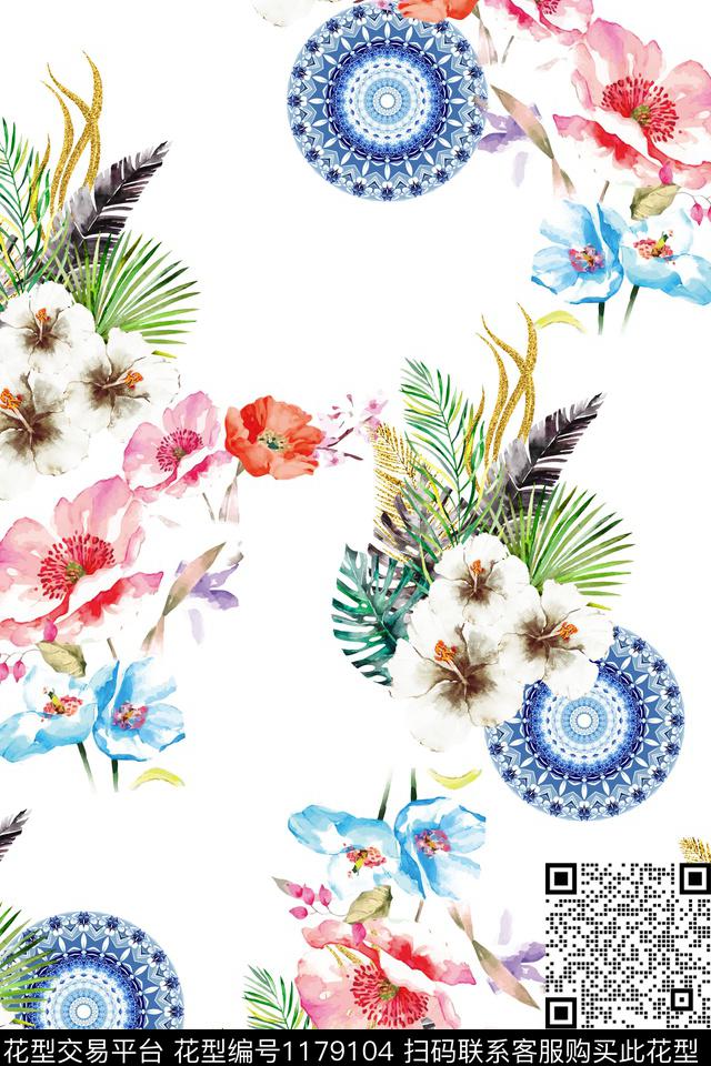 水彩花卉热带华亿平台曼陀罗数码印花华亿平台下载（图片编号: 1179104） - 瓦栏（Walan）