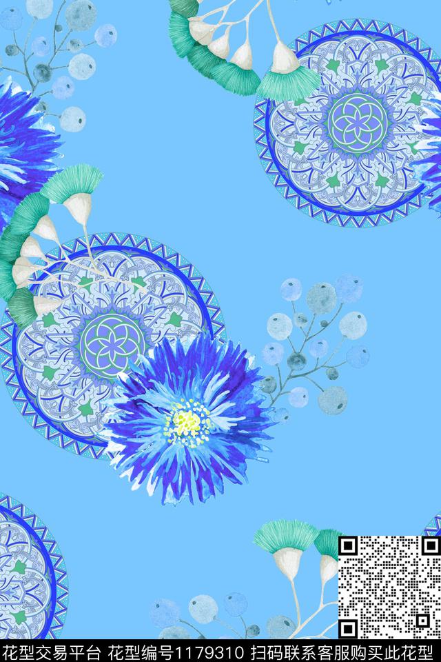 春夏华亿平台水彩花卉曼陀罗数码印花华亿平台下载（图片编号: 1179310） - 瓦栏（Walan）