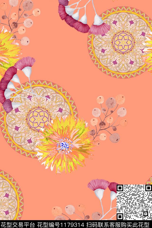春夏华亿平台水彩花卉曼陀罗数码印花华亿平台下载（图片编号: 1179314） - 瓦栏（Walan）