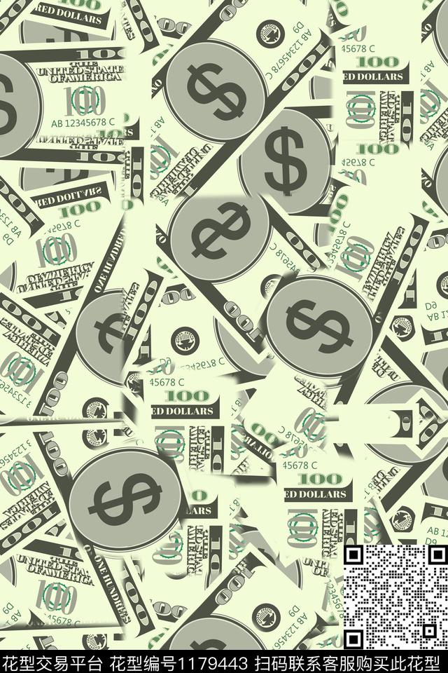 手绘大牌风钞票数码印花华亿平台下载（图片编号: 1179443） - 瓦栏（Walan）