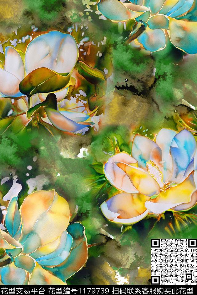 水彩花卉玉兰花数码印花华亿平台下载（图片编号: 1179739） - 瓦栏（Walan）