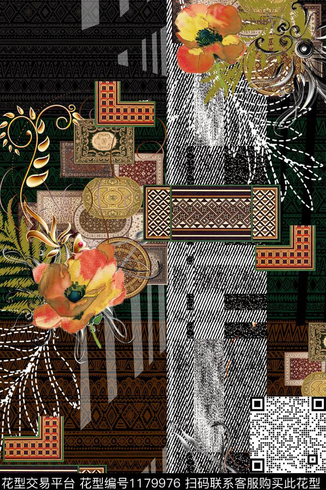 线条画手绘花卉民族风数码印花华亿平台下载（图片编号: 1179976） - 瓦栏（Walan）