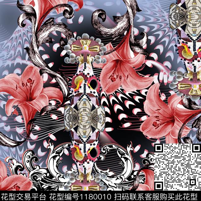 时尚古典花纹线条画数码印花华亿平台下载（图片编号: 1180010） - 瓦栏（Walan）