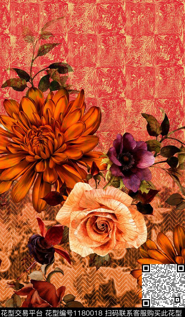 花卉大牌风手绘大花数码印花华亿平台下载（图片编号: 1180018） - 瓦栏（Walan）