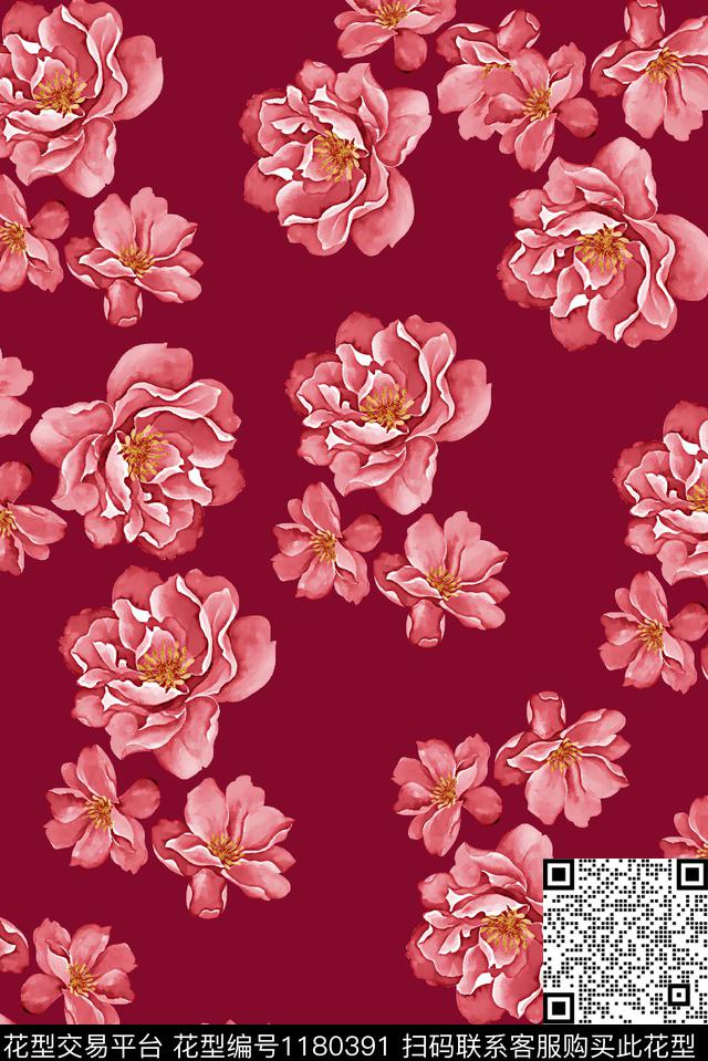 时尚水彩花卉大牌风数码印花华亿平台下载（图片编号: 1180391） - 瓦栏（Walan）