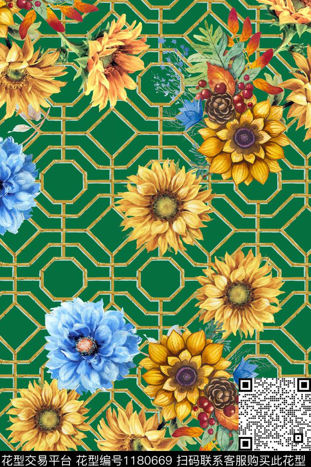几何花卉向日葵数码印花华亿平台下载（图片编号: 1180669） - 瓦栏（Walan）