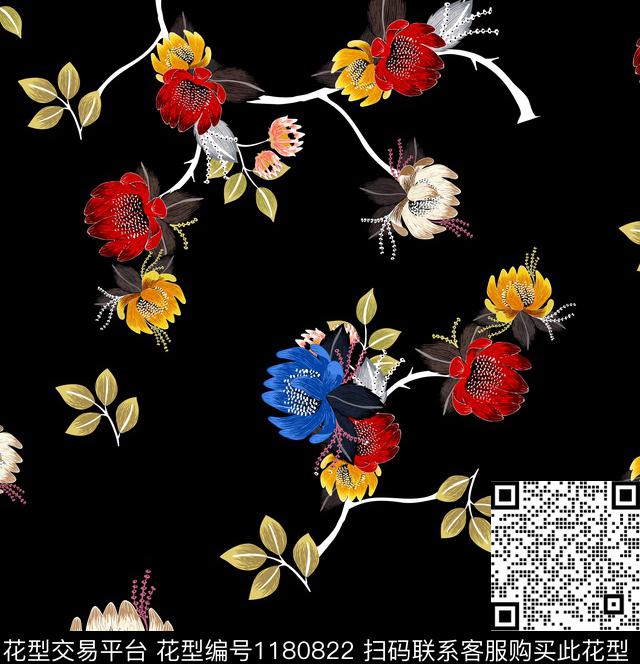 手绘花卉抽象花卉数码印花华亿平台下载（图片编号: 1180822） - 瓦栏（Walan）
