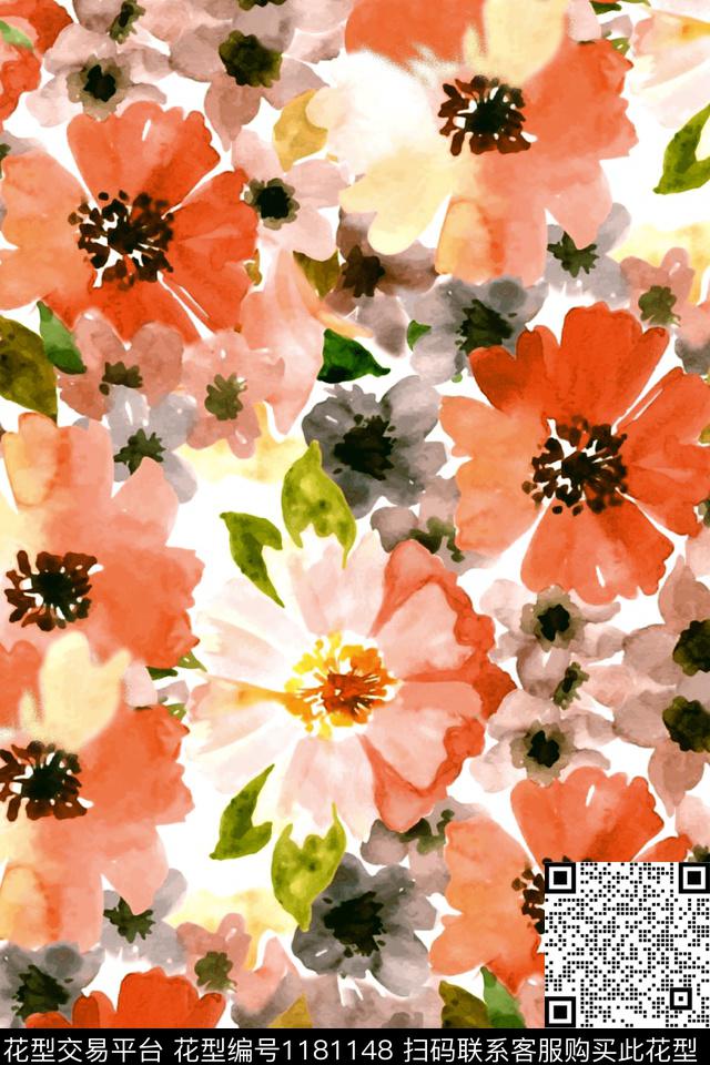 数码华亿平台手绘花卉数码印花华亿平台下载（图片编号: 1181148） - 瓦栏（Walan）