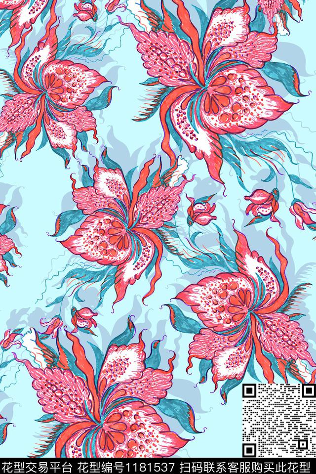 水彩花卉大牌风抽象花卉数码印花华亿平台下载（图片编号: 1181537） - 瓦栏（Walan）