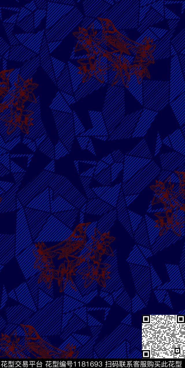 花鸟三角形线条花卉传统印花华亿平台下载（图片编号: 1181693） - 瓦栏（Walan）