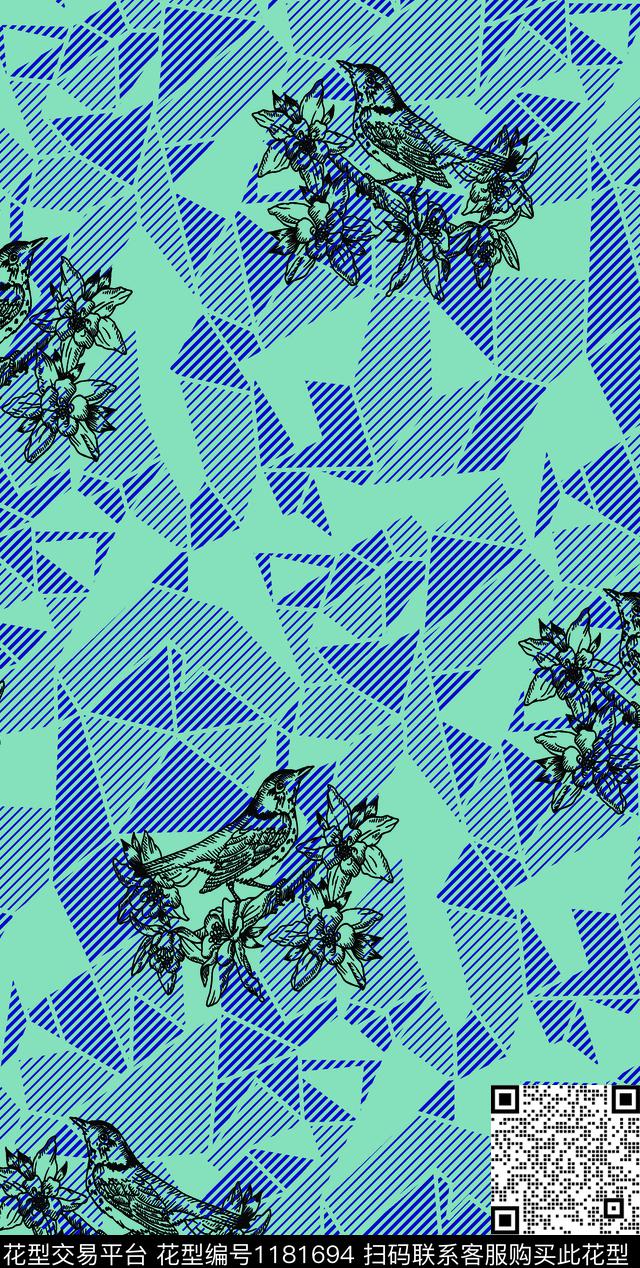 花鸟三角形线条花卉传统印花华亿平台下载（图片编号: 1181694） - 瓦栏（Walan）