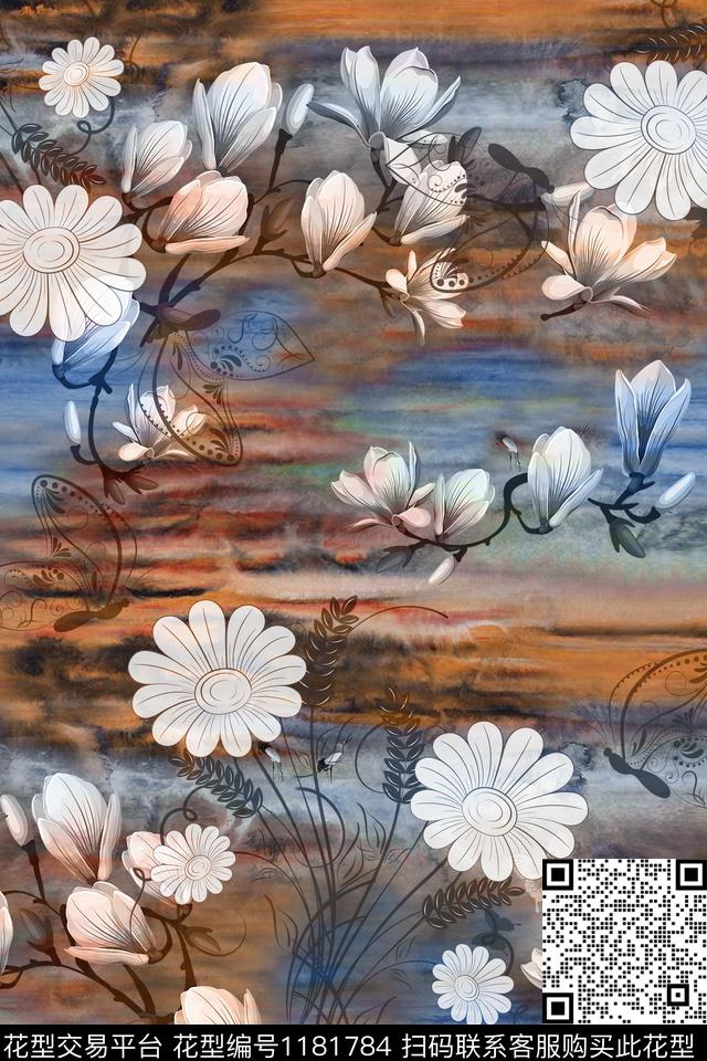 旗袍玉兰花中国风数码印花华亿平台下载（图片编号: 1181784） - 瓦栏（Walan）