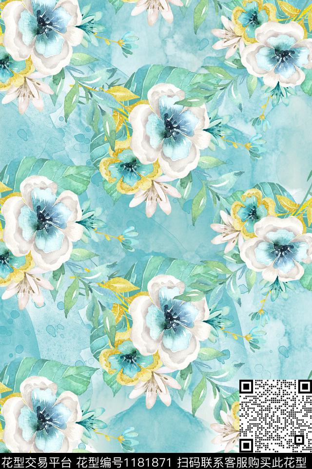 水彩花卉大牌风数码印花华亿平台下载（图片编号: 1181871） - 瓦栏（Walan）