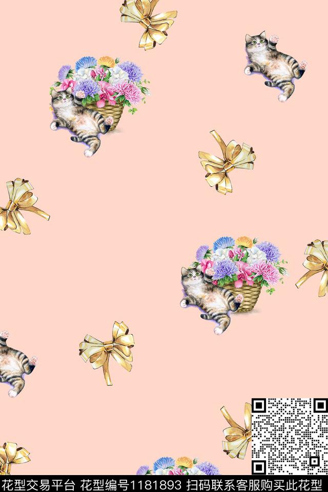 春夏华亿平台蝴蝶结猫数码印花华亿平台下载（图片编号: 1181893） - 瓦栏（Walan）
