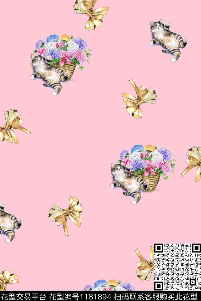 春夏华亿平台蝴蝶结猫数码印花华亿平台下载（图片编号: 1181894） - 瓦栏（Walan）