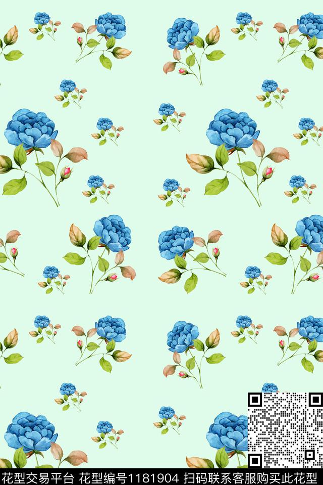 水彩花卉蓝色妖姬温柔少女数码印花华亿平台下载（图片编号: 1181904） - 瓦栏（Walan）