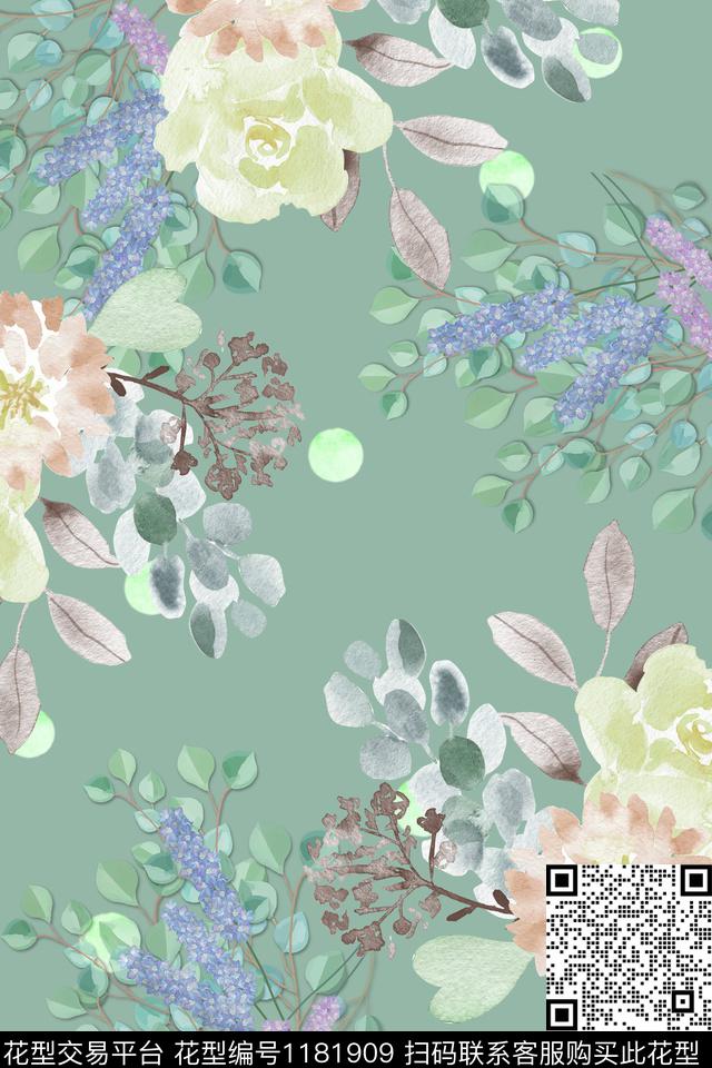 波点绿植树叶手绘花卉数码印花华亿平台下载（图片编号: 1181909） - 瓦栏（Walan）