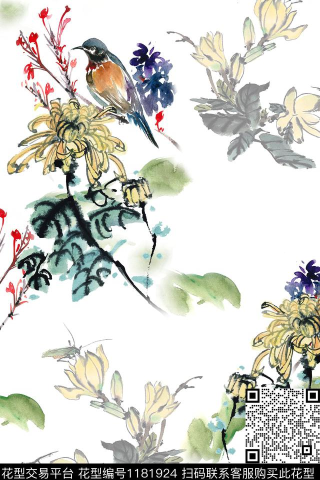 春夏华亿平台花鸟菊花数码印花华亿平台下载（图片编号: 1181924） - 瓦栏（Walan）