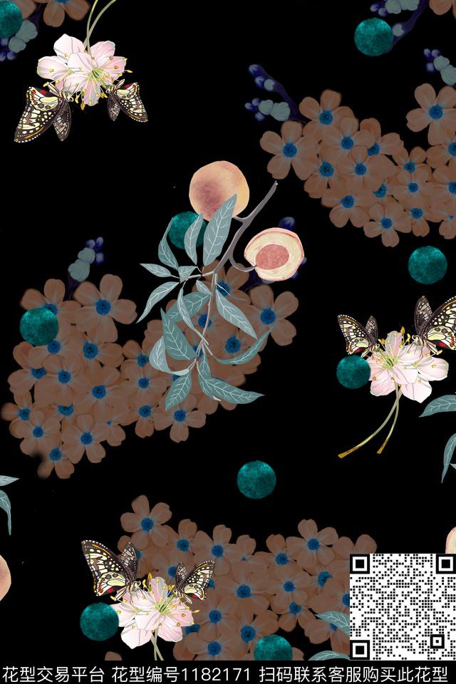 春夏华亿平台水彩花卉蝴蝶数码印花华亿平台下载（图片编号: 1182171） - 瓦栏（Walan）
