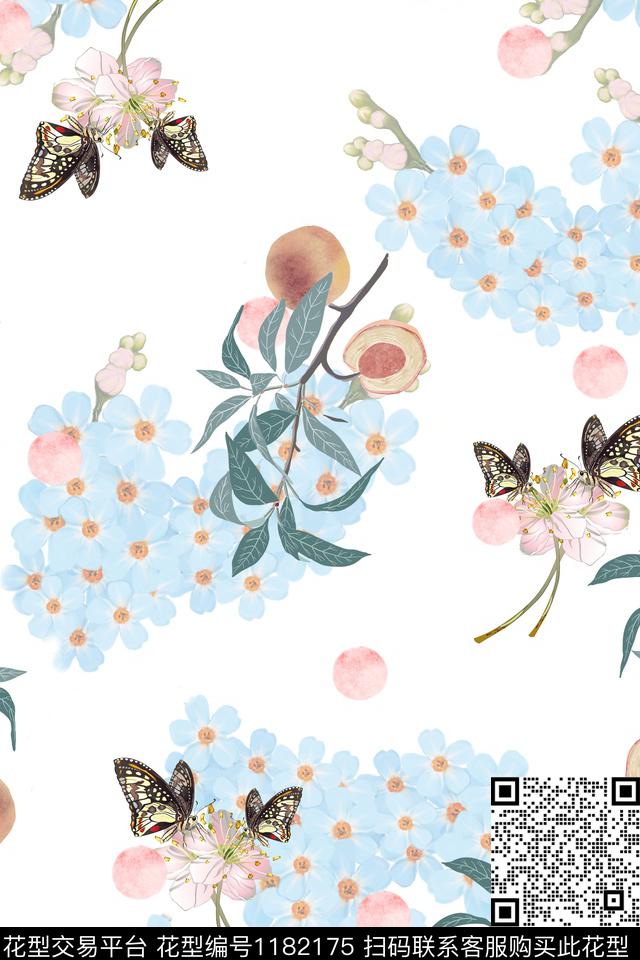 春夏华亿平台水彩花卉蝴蝶数码印花华亿平台下载（图片编号: 1182175） - 瓦栏（Walan）
