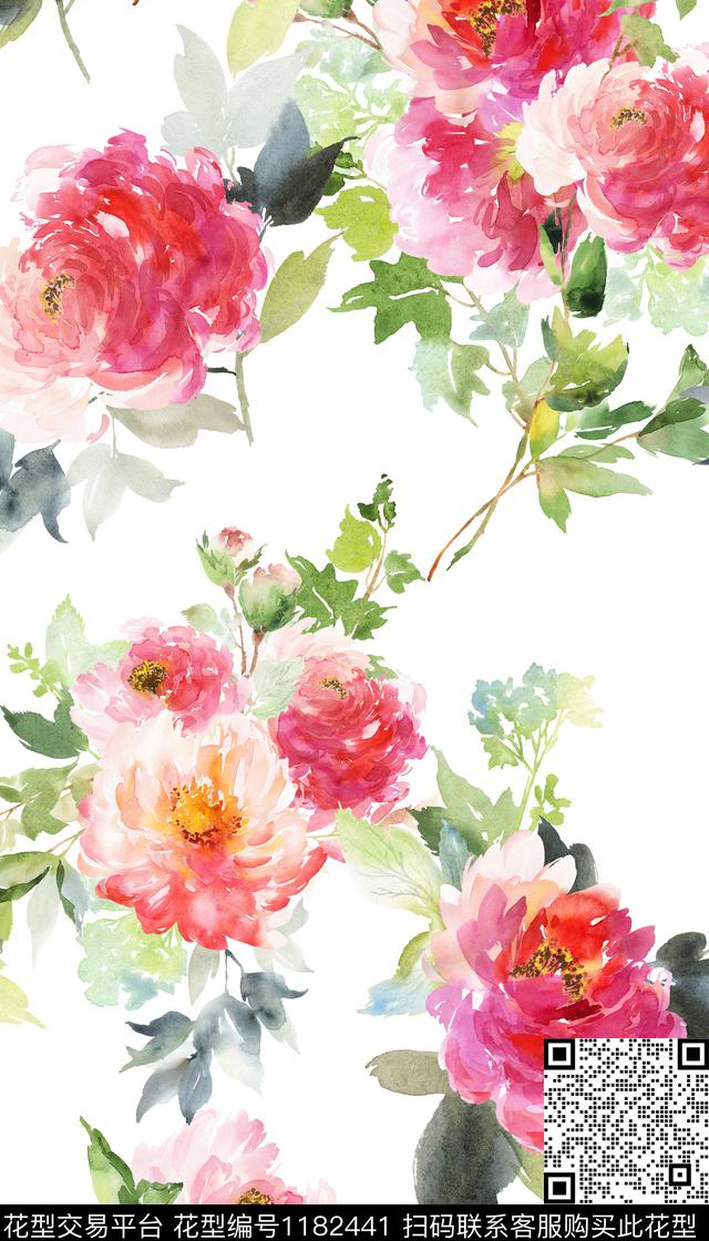 水彩花卉牡丹数码印花华亿平台下载（图片编号: 1182441） - 瓦栏（Walan）