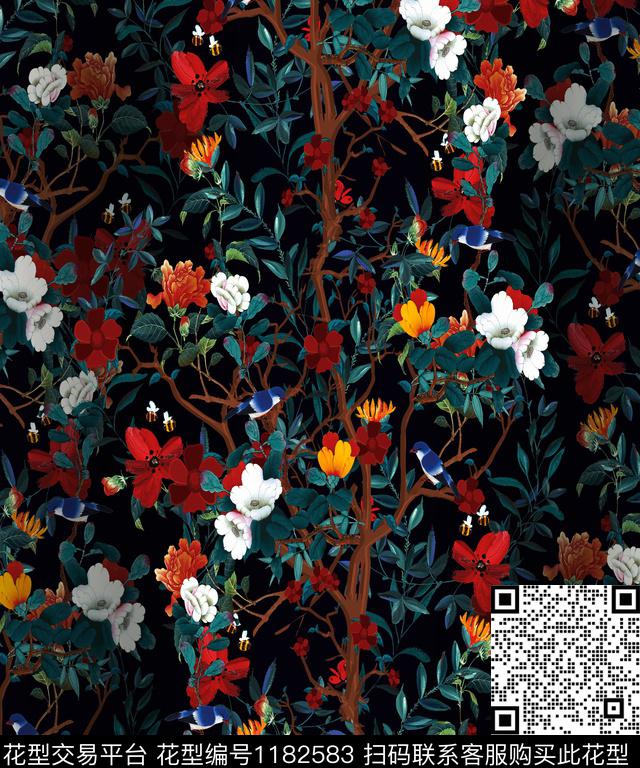 旗袍鸟复古数码印花华亿平台下载（图片编号: 1182583） - 瓦栏（Walan）