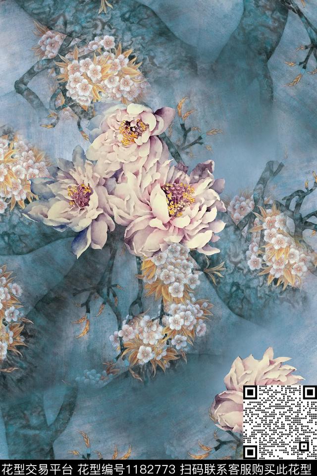 国画树枝花卉数码印花华亿平台下载（图片编号: 1182773） - 瓦栏（Walan）