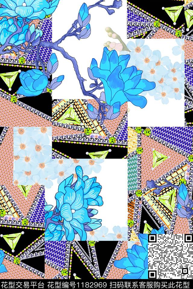 几何大牌风玉兰花数码印花华亿平台下载（图片编号: 1182969） - 瓦栏（Walan）