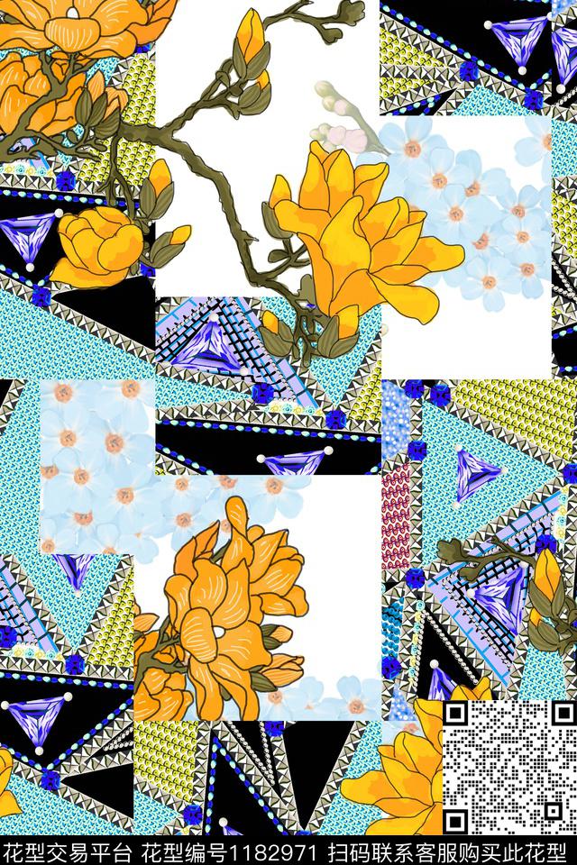 几何大牌风玉兰花数码印花华亿平台下载（图片编号: 1182971） - 瓦栏（Walan）